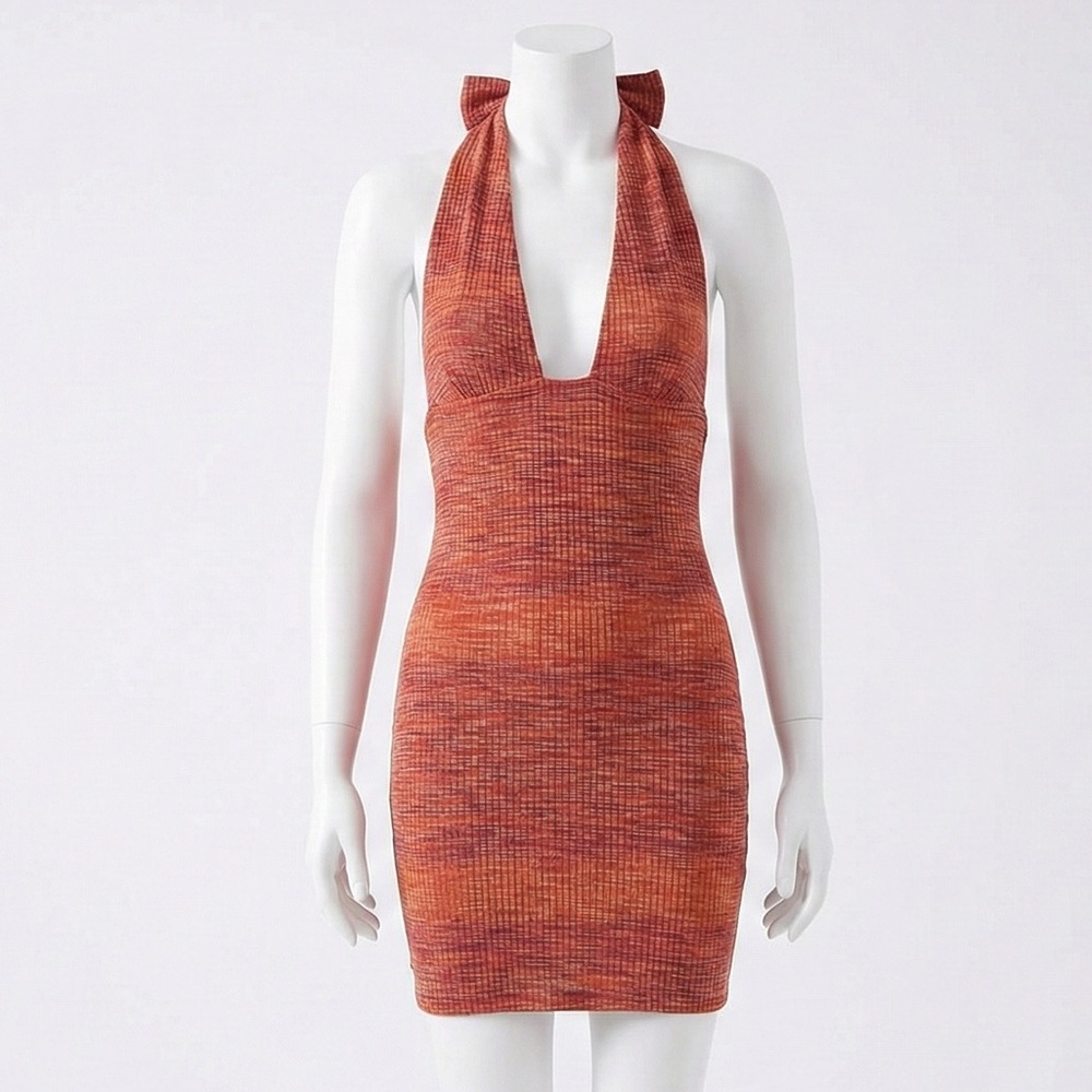 ASOS Design Rust Space Dye Knit Halter Mini Dress Plunge Neck 4
